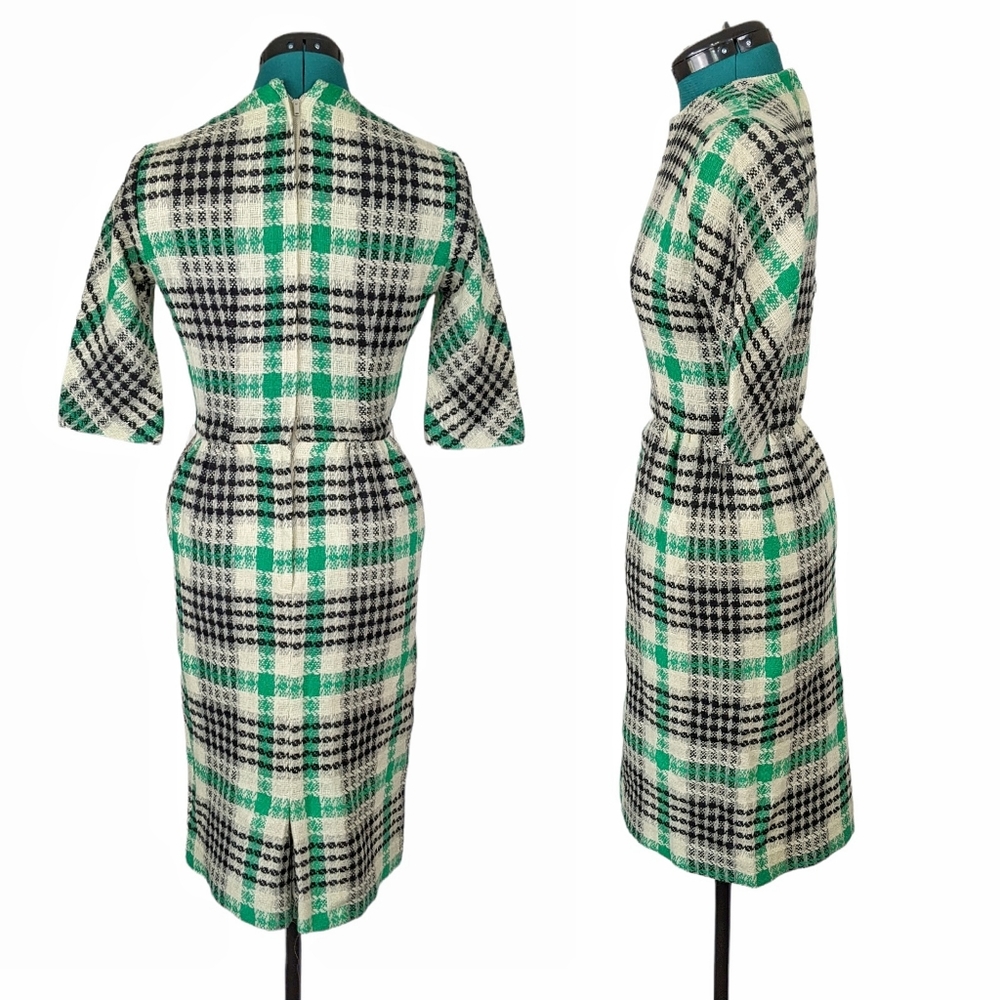 1950s/1960s Cocktail Wiggle Dress XS Vintage Petite Green Retro Tweed Wool - Picture 4 of 7
